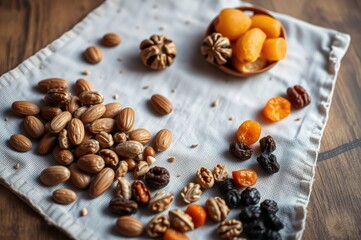 Mixed Nuts and Dried Fruits on a White Napkin