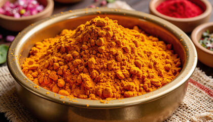 Vibrant turmeric powder in brass bowl, festive Indian colors