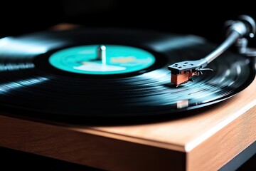 close-up of classic vinyl record with its grooves reflecting soft light placed on wooden turntable