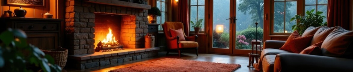 Warmly lit cottage with a crackling fireplace, comfortable furniture, plush rugs