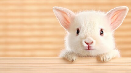 Obraz premium Cute white bunny peeking over wood, pastel background, Easter card