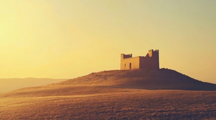 Obraz premium Ancient castle perched on a hilltop surrounded by golden light during sunset. Generative AI
