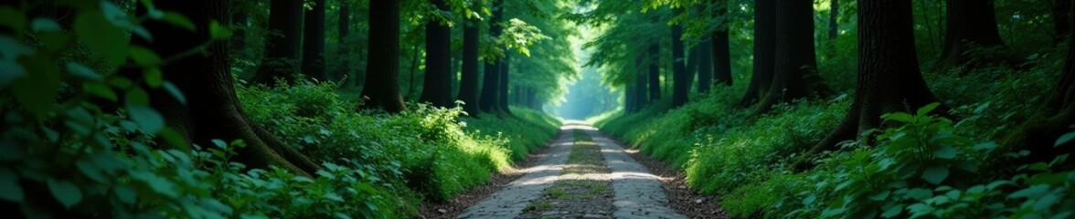 Fototapeta premium Dark forest pathway narrow winding cobblestone road, greenery, road