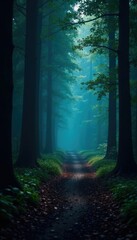 Dark forest path with a faint blue gradient blur effect, woods, forest