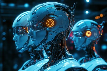 Group of futuristic cyborgs emerging from darkness