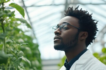 African American scientist monitors air quality in advanced greenhouse environment. Generative AI