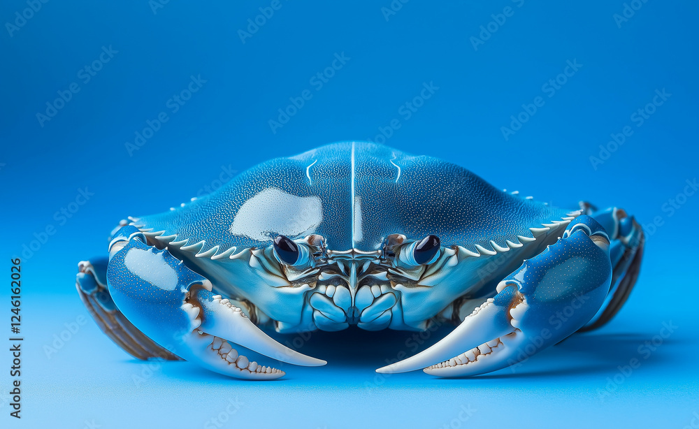 Poster a glossy blue crab with sharp claws and intricate details sitting against a matching blue background