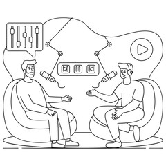 Sound Waves Stories set vector design, Podcast or slice-of-life journalism sign, Web television series symbol, audio blog  journals illustration, Podcasters sitting on bean bag holding mic concept