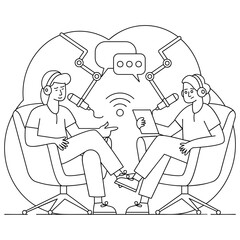 Engaging informal discussions for casual listeners vector design, Podcast slice-of-life journalism sign, Web television series stock, Two female podcasters at interview setup sharing thoughts concept