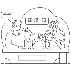 Radio show host guest vector design slice of life journalism scene Web television series symbol audio blog  journals illustration, podcasters workshop to brainstorm, produce dynamic episodes concept