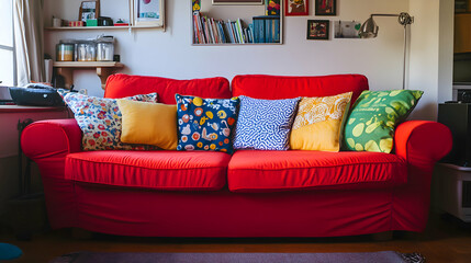 A red sofa with colorful patterned cushions in a cozy living room, symbolizing relaxation and the importance of self-care. The room has vibrant energy