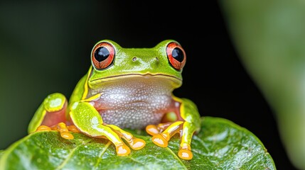 Fototapeta premium Red-eyed tree frog on leaf, rainforest background, nature photography, educational use