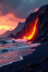 A wave of molten lava crashes against the shore of a barren land, fiery mountain, lava flow