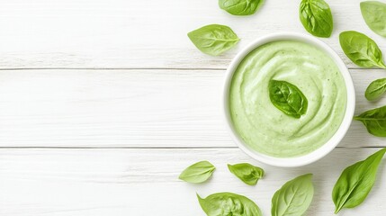 Obraz premium Creamy spinach dip in bowl, white wood background, recipe, food photography