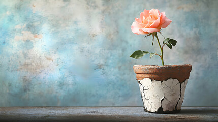 A rose blooming in a small, cracked pot, symbolizing perseverance and beauty in the face of hardship