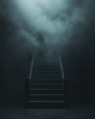 Mysterious dark staircase disappearing into dense fog, eerie and atmospheric.
