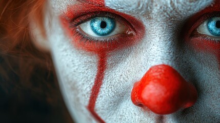 Naklejka premium close up portrait of a scary clown with red nose on dark background make up