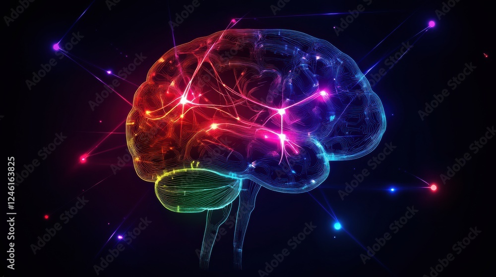Poster glowing neuron pathways illustrate the complex communication of the brain and nervous system in a vi