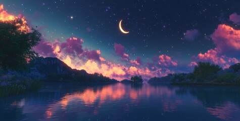Night lake, crescent moon, starry sky, pink clouds, fantasy landscape, peaceful scene, digital art, wallpaper
