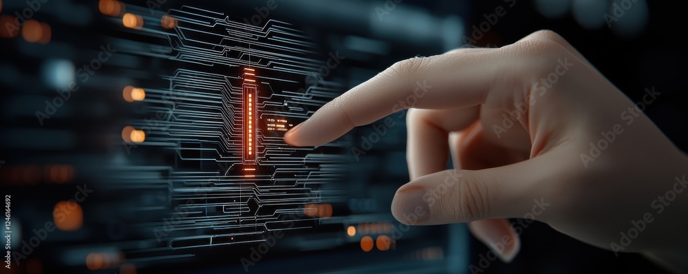 Poster a close-up of a hand interacting with a digital interface, showcasing glowing elements on a dark bac