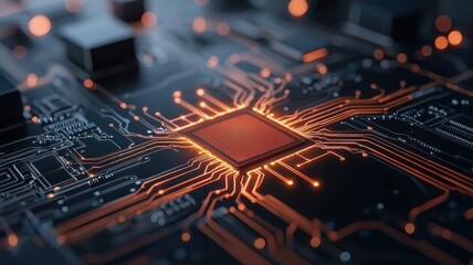 Obraz premium A close-up view of a computer circuit board with glowing connections, highlighting the intricate design and technology of modern electronics.