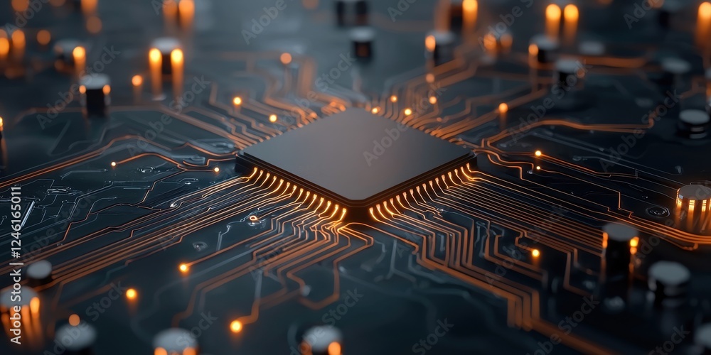 Poster a close-up view of a microchip on a circuit board, illuminated by glowing lights, showcasing intrica