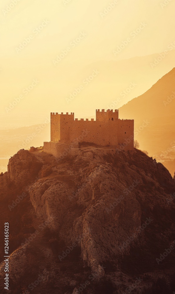 Poster majestic ancient castle perched atop a hill during golden hour with ample space for captivating text