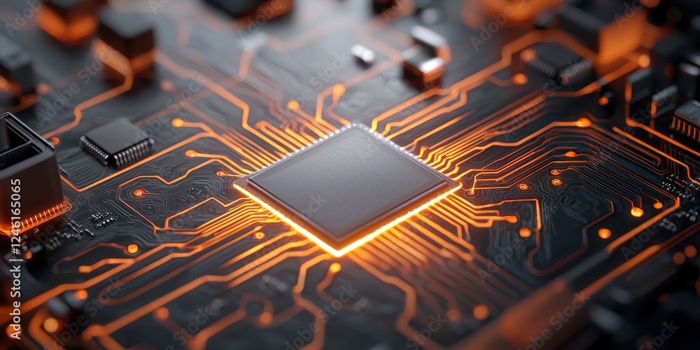 Aufkleber a close-up view of a microchip on a circuit board, illuminated by glowing orange lines, representing