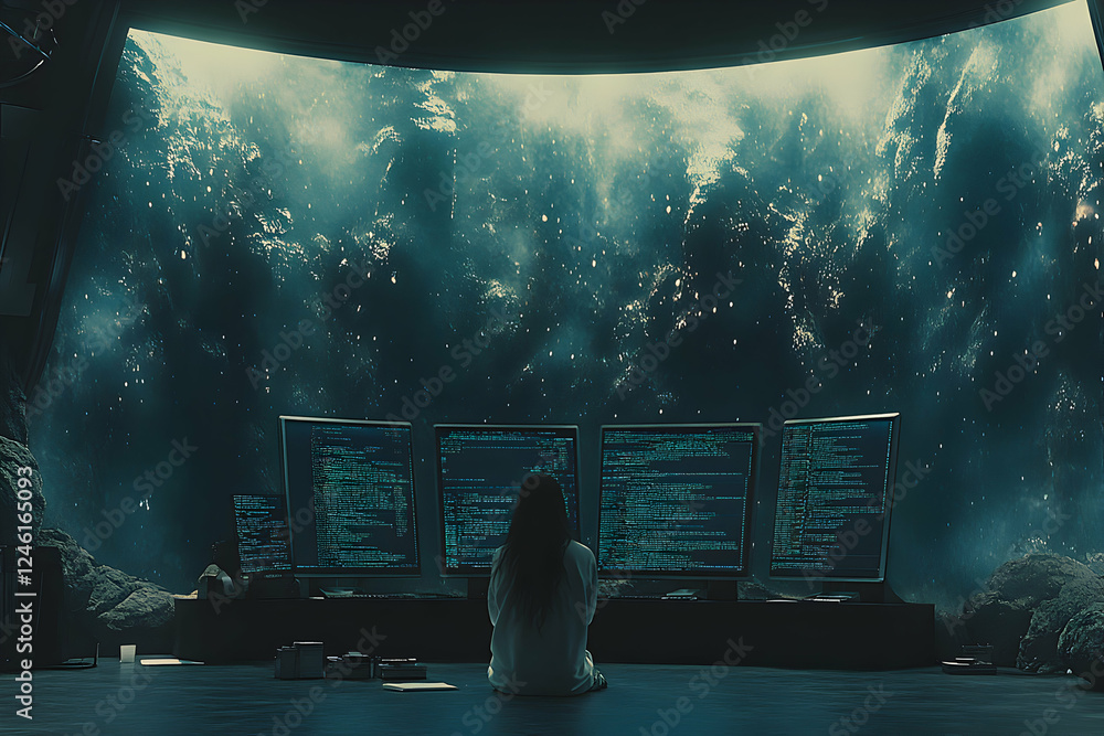 Poster woman programmer contemplates code before a vast cosmic window. futuristic workspace. sci-fi, techno