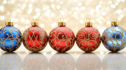 Decorative Christmas Ornaments on a Reflective Surface and Background