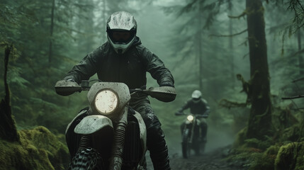 Fototapeta premium Two men are riding motorcycles in a forest