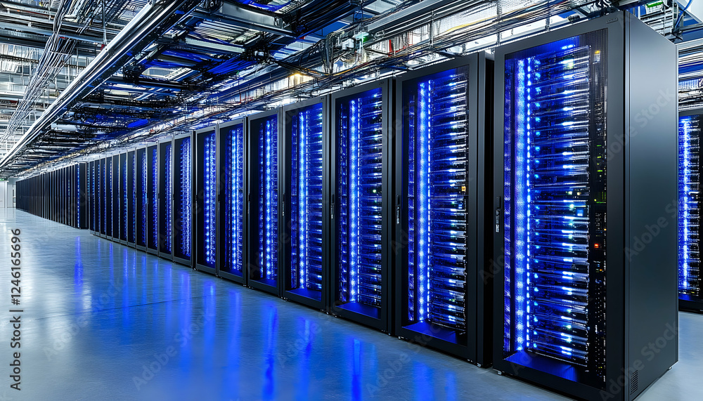 Poster rows of illuminated server racks in a modern data center; showcasing advanced technology and digital
