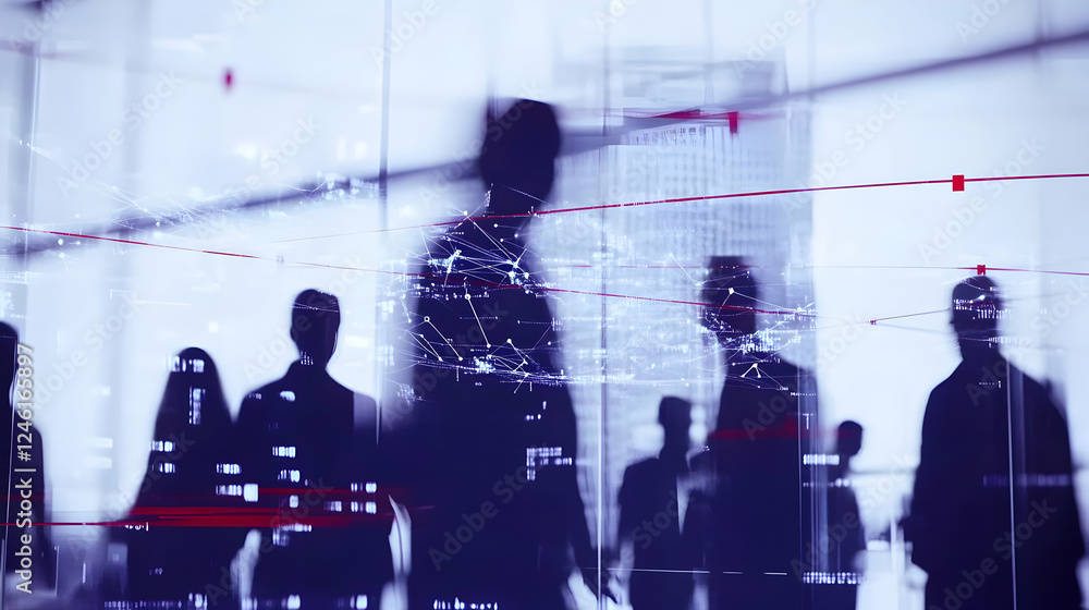Poster silhouetted figures walking past a large screen displaying network connections, symbolizing modern c