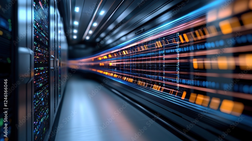 Poster a futuristic data center corridor illuminated by vibrant lights and lined with servers, conveying hi