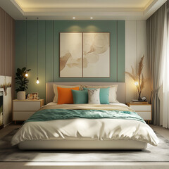 bedroom in a minimalist and practical style, tidy, with a new concept of indoor scenes, interior home decoration design, real-life scenario design rendering, the exterior design meets high standards
