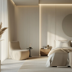 bedroom in a minimalist and practical style, tidy, with a new concept of indoor scenes, interior home decoration design, real-life scenario design rendering, the exterior design meets high standards