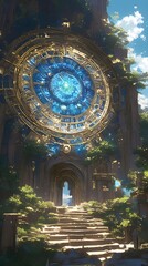 Obraz premium A golden magical portal on an ancient island connected to an ancient city from a fairy tale