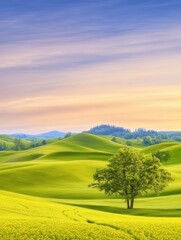 Obraz premium Serene landscape with vibrant green hills under a pastel sky, lone tree stands proudly, rolling hills fade into the horizon creating a tranquil rural scene concept keyword