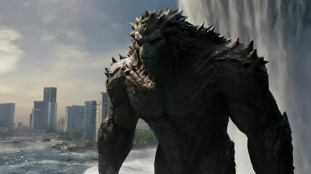 Giant monster attacks city with fleeing people, fantasy, disaster scene