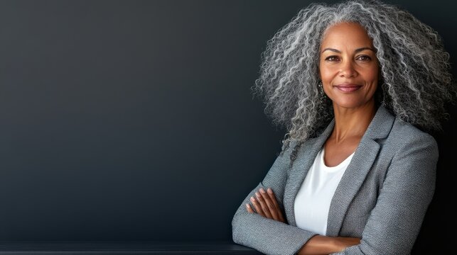 A seasoned businesswoman standing confidently, with one hand on a table, leaving copy space to the left for text