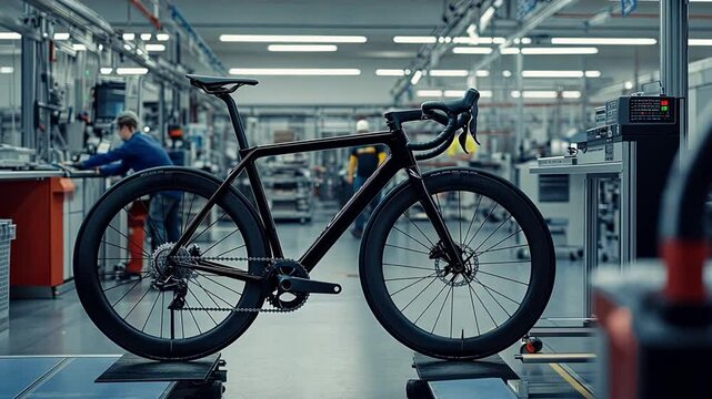 Black Gravel Bike in Factory: A sleek, black gravel bicycle stands prominently in a modern factory setting, showcasing its robust design and advanced manufacturing.