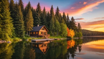 Obraz premium Idyllic Lakeside Cabin with Sunset Reflection