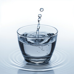 glass of water with droplets splashing into it, creating ripples. clear liquid reflects light beautifully, showcasing purity and freshness of water