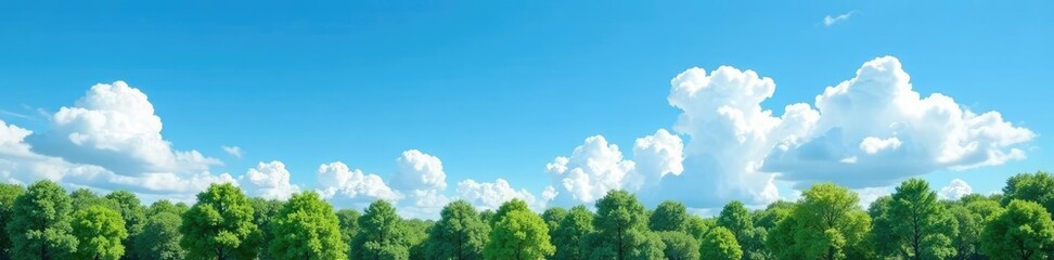 Treeline against a vast blue sky with fluffy white clouds, blue, nature