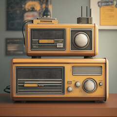 vintage radio set featuring two stacked radios in warm yellow color, showcasing retro design elements and dials. nostalgic vibe evokes memories of classic music and broadcasts