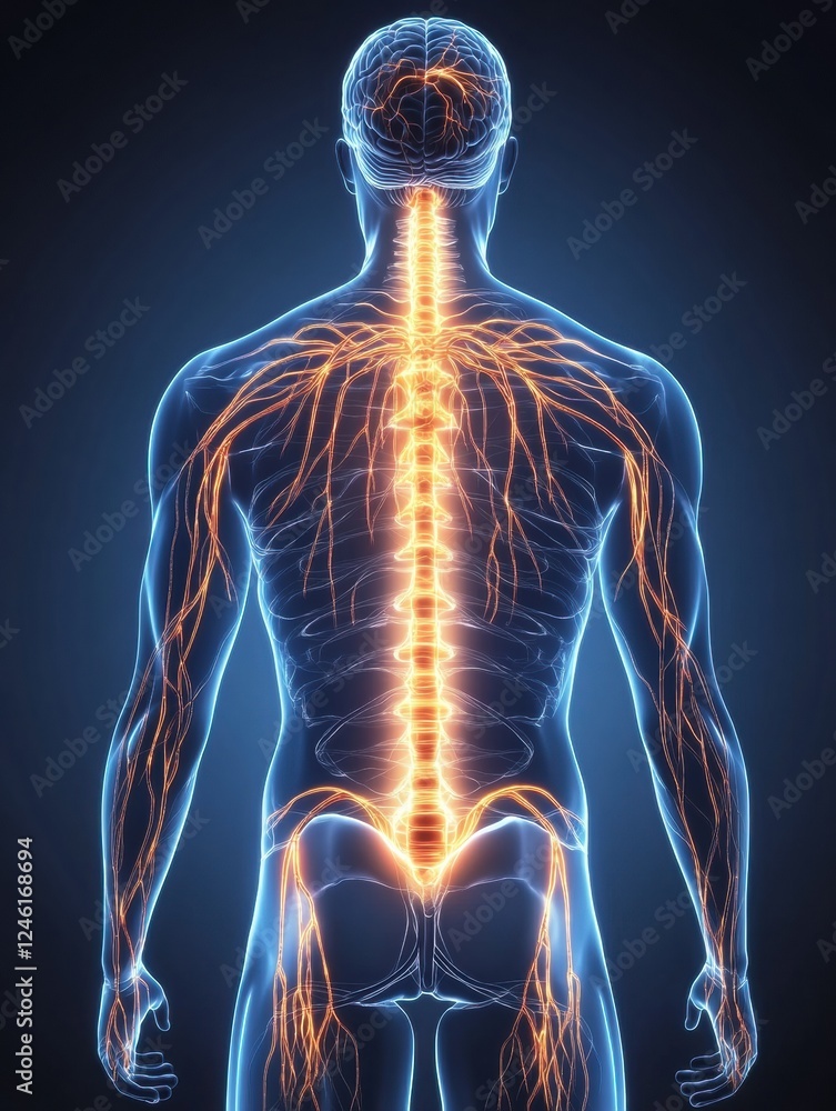 Aufkleber Scientific depiction of a human brain and nervous system showcasing glowing neuron pathways and electrical activity. Generative AI