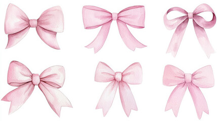 A collection of six beautiful pink bows in various styles and shades. isolated on white background.