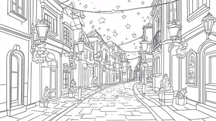 Obraz premium Detailed black and white sketch of a festive city street with vintage lampposts hanging decorations and historic buildings 