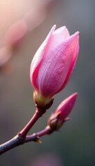 Pastel pink petals unfurl on a delicate branch, nature, soft focus