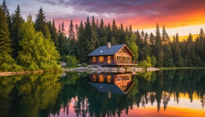 Fototapeta premium Idyllic Lakeside Cabin with Sunset Reflection